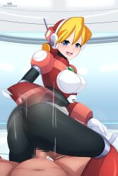 1boy 1girls alia ass big_ass big_breasts black_bodysuit blonde_hair blue_eyes blush bodysuit breasts censored_penis clothed_sex clothing female male mega_man mega_man_x open_mouth penis penis_in_pussy pussy reploid reverse_cowgirl_position robarts_hallway robot_girl sex short_hair vaginal_penetration white_gloves