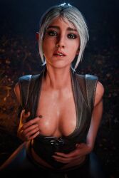 1girls 3d aleksor asking_for_it baldur's_gate baldur's_gate_3 braid braided_ponytail elf elf_ears elf_female eyeliner forgotten_realms horny horny_female makeup ponytail shadowheart showing_breasts undressing white_hair