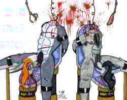 2015 andromorph anthro blood bodily_fluids canid canine canis decapitation detached_oral duo felixpath_(artist) gore intersex life_support maleherm mammal traditional_media_(artwork) wolf
