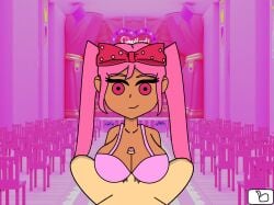 1boy 1boy1girl 1girls boobjob bow bra breasts female leftthumb light_skin male ms_paint offscreen_male omori paizuri pink_eyes pink_hair self_upload sweetheart_(omori)