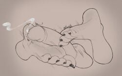 1boy 1boy1girl 1girls 2d black_and_white cum cumshot feet feet_focus feet_on_penis female foot_fetish foot_focus foot_play footjob male male/female monochrome morcotulke motion_lines penis penis_in_ass projectile_cum testicles toenails toes