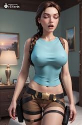 1girls ai_generated bed bedroom belt braid breasts brown_hair brown_shorts cameltoe closed_eyes covered_nipples crop_top hair_over_shoulder hi_res holster indoors lara_croft lara_croft_(survivor) large_breasts lips long_hair midriff navel nose pussy r34arts short_shorts shorts single_braid solo tank_top thigh_gap thigh_holster tomb_raider tomb_raider_(survivor)