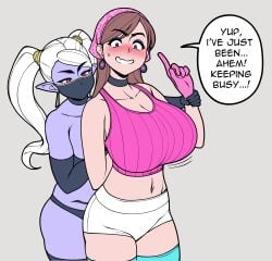 bondage breasts brown_hair collar dark_elf drow elf female jam-orbital jam_(jam-orbital) large_breasts purple_skin red_eyes scantily_clad slave slavegirl tagme text white_hair
