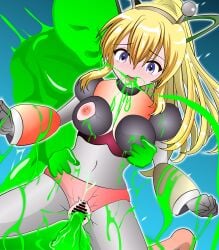 absurdres antennae armor armored_gloves arms_up bikini_armor blonde_hair blue_eyes breasts broken_armor commentary_request erection female green_ribbons hair_ribbon hairband headphones highres hyper_roll_(marvel_vs._capcom) joints large_breasts long_hair marvel_vs._capcom mechanical_arms mechanical_legs mega_man_(classic) mega_man_(series) nipples ns2studio penis ponytail radio_antenna red_armor ribbon robot robot_girl robot_joints roll_(mega_man) sex sex_from_behind shoulder_armor sidelocks slime_(creature) smile vaginal_penetration