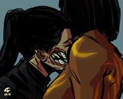 affectionate canon_couple chocolate_and_vanilla glowing_tattoo interracial interracial_yuri lesbian lesbian_couple mandibles mileena monster_girl monster_teeth mortal_kombat mortal_kombat_x nuzzling tanya_(mortal_kombat) tattoo tattoos topless topless_female yuri