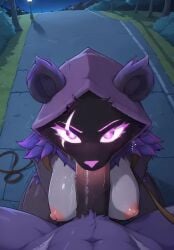 1boy 1girls ai_generated animated anthro anthro_female anthro_on_anthro anthro_only anthro_penetrated areola big_breasts blowjob breasts duo epic_games fellatio female_focus fortnite furry furry_only liwih looking_at_viewer male/female night nipples oral_penetration park pov pov_eye_contact raven_team_leader saliva solo_focus straight tagme video