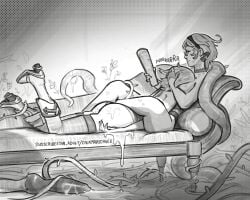 2girls after_sex between_breasts breasts calamari_cakes cuddling emilie_(genshin_impact) face_between_breasts feet_up genshin_impact glasses greyscale head_between_breasts highres hug lipstick_mark lipstick_mark_on_breast lipstick_mark_on_neck monochrome multiple_girls petting plant purring slime_(substance) smile sucrose_(genshin_impact) tentacle vines yuri