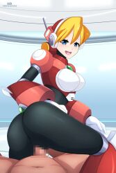 1boy 1girls alia ass big_ass big_breasts black_bodysuit blonde_hair blue_eyes blush bodysuit breasts censored_penis clothed_sex clothing female male mega_man mega_man_x open_mouth penis penis_in_pussy pussy reploid reverse_cowgirl_position robarts_hallway robot_girl sex short_hair white_gloves