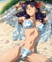 ai_generated bangs bare_shoulders beach black_lingerie blush breasts female female_only long_hair looking_at_viewer misato_katsuragi necklace neon_genesis_evangelion parted_bangs pendant purple_hair sand smile solo swimsuit swimwear