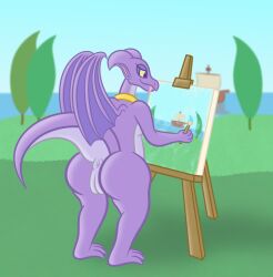 anthro anthrofied anus ass brush canvas detailed_background dragon easel female genitals hi_res jewelry membrane_(anatomy) membranous_wings mythological_creature mythological_scalie mythology outside paintbrush painting painting_(action) pendant plant purple_body pussy reversal_of_the_heart scalie sea sharkinwaves ship solo tail_anus tongue tongue_out tree vehicle vulva water watercraft wings