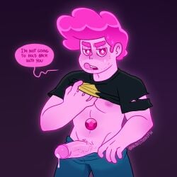 1boy artist_name blush cartoon_network clothed clothed_male clothing english_text english_translation erect_penis erection facial_hair gem_(species) hair looking_at_viewer male male_focus male_only male_pubic_hair mostly_clothed nipples pants penis penis_out pink_eyes pink_hair pink_precum pink_steven precum precum_drip pubic_hair shiny_hair shirt shirt_lift simple_background solo solo_focus solo_male steven_quartz_universe steven_universe steven_universe_future sweat sweatdrop talking_to_viewer text tongue tongue_out undressing unknown_artist veiny_penis