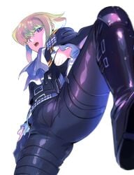 1boy boots bulge clothed from_below gloves green_hair lio_fotia looking_at_viewer looking_down looming low-angle_view male male_focus male_only promare solo stepped_on tight_clothing worm's-eye_view
