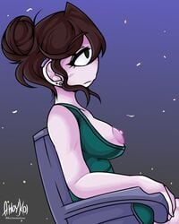 ahoykoi areola bench blue_background breastless_clothes breastless_clothing breasts brown_hair dress earrings exposed_breasts female jaiden jaiden_animations koianimations nipples sideway sitting topless_dress unaware white_skin youtube youtuber