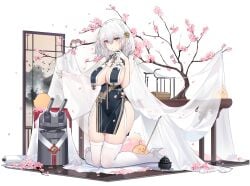 azur_lane bird blush braid branch breast_curtains breasts cg cherry_blossoms china_dress chinese_clothes cleavage dress female flower full_body garter_straps gloves grey_dress hair_between_eyes hair_flower hair_ornament half_gloves high_heels kneeling lantern large_breasts looking_at_viewer manjuu_(azur_lane) official_alternate_costume official_art pelvic_curtain petals red_eyes revealing_clothes see-through short_hair side_braid sideboob sirius_(azur_lane) sirius_(azure_horizons)_(azur_lane) solo thighhighs thighs transparent_background turret white_footwear white_gloves white_hair white_legwear white_thighhighs