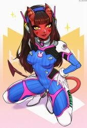 ai_generated bodysuit cosplay d.va d.va_(cosplay) demon_girl female meru_(merunyaa) red_skin solo squatting tail viriai yellow_eyes