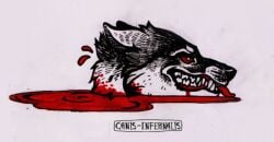black_body black_fur black_nose blood bodily_fluids canid canine canis canis_infernalis decapitation fangs feral fur mammal red_eyes smile solo teeth white_body white_fur wolf