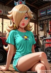ai_generated aqua_eyes aqua_shirt arm_support bangs blonde_hair blue_eyes blush breasts car casual clothing crossed_legs crown earrings english_text female female female_only ground_vehicle hair_over_one_eye headwear indoors jewelry jousneystudio lips long_hair looking_at_viewer makeup mario_(series) mario_kart medium_breasts motor_vehicle outdoors parted_lips princess_rosalina rosalina shirt short_shorts short_sleeves shorts sitting sky smile solo star star_(symbol) star_earrings super_mario_bros. super_mario_galaxy t-shirt thighs vehicle