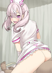 ass bandaged_arm bandages bangs bed blunt_bangs blush clothed_female_nude_male clothes_lift cowgirl_position curtains dress dress_lift eyebrows_visible_through_hair eyes_visible_through_hair fat_man female hair_between_eyes hair_ornament hat hodnir hospital_bed long_hair looking_back nijisanji no_panties nude nurse nurse_cap on_bed open_mouth pink_hair purple_eyes reverse_cowgirl_position sex sex_from_behind short_sleeves silver_hair solo_focus straddling straight sukoya_kana sweat teeth twintails virtual_youtuber white_dress x_hair_ornament