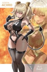 1girls :p achromaru black_gloves black_leotard black_thighhighs blonde_hair blush breasts burnice_white cleavage clothing_cutout curvy demon_tail female gloves hair_ornament hand_on_own_hip large_breasts leotard narrow_waist navel red_eyes short_twintails solo standing stomach tail thighhighs thighs tongue tongue_out twintails v wide_hips zenless_zone_zero zoom_layer