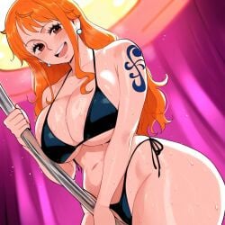 ai_generated basic_background big_breasts black_bikini crowai looking_at_viewer nami_(one_piece) one_piece orange_eyes orange_hair pole smile stripper stripper_pole sweat tattoo thick thick_thighs