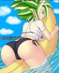 1girls ass beach blue_eyes dragon_ball dragon_ball_super edit female female_only green_hair kefla kefura majinkefla outside potara pussy_visible_through_clothes saiyan schoolgirl solo swimwear tiffynyaa universe_6_girls