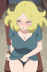 ai_generated blonde_female blonde_hair blonde_hair blush blush boruto:_naruto_next_generations boruto:_two_blue_vortex cleavage delta_(boruto) fingering fingering_self forehead_mark hand_in_panties masturbation messy_hair naruto_(series) only_shirt pink_eyes shirt sitting sitting_on_chair sweat sweatdrop sweating touching_pussy touching_self
