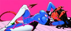 ai_generated bodysuit cosplay d.va d.va_(cosplay) demon_girl female lying meru_(merunyaa) on_bed red_skin solo tail viriai yellow_eyes