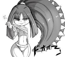 akatosh_el_shota_furro arm_at_side breasts closed_mouth clothes_lift covered_erect_nipples cowboy_shot eyebrows eyelashes female female_focus gen_3_pokemon half-closed_eyes hand_up highleg highleg_panties highres licking_lips lifting_own_clothes living_hair long_hair long_sleeves looking_at_viewer mawile monochrome naughty_face nintendo panties pants personification petite pokemon ponytail presenting shortstack sideboob simple_background small_breasts smile solo sports_bra standing sweater sweater_lift tongue tongue_out underwear wide_hips