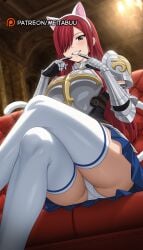 ai_generated animal_ears armor ass blue_skirt blush boobplate breastplate breasts cat_ears cat_tail couch crossed_legs erza_scarlet fairy_tail fake_animal_ears feet_out_of_frame female finger_to_mouth from_below gauntlets grin hair_over_one_eye hairband indoors large_breasts long_hair looking_at_viewer meitabuu panties pantyshot pleated_skirt purple_eyes red_eyes red_hair shoulder_armor sitting skirt smile solo tail teeth thighhighs thighs underwear upskirt white_panties white_thighhighs
