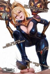 1girls ai_generated arm_up ball_torture bodysuit cleavage cock_and_ball_torture crushing_balls cuckold cuckolding english_text facial_markings female female_focus female_only femdom femdom_caption findom flashing hall_of_legends heels immortalized_legend_kai'sa inviting kai'sa laugh laughing laughing_at_viewer league_of_legends mlommy mocking money ntr ojou-sama_pose payment paypig prostitution red_eyes sadism sadistic_girl sadistic_smile stepping_on_penis teasing text thick_thighs unzipped_bodysuit wide_hips wink yandere
