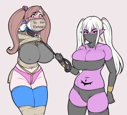 bondage breasts brown_hair collar dark_elf drow elf female jam-orbital jam_(jam-orbital) large_breasts nipples_visible_through_clothing purple_skin red_eyes scantily_clad slave slavegirl tagme taped_hands white_hair