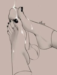 2d black_and_white black_nails black_toenails cum cum_on_feet cum_on_toes cumshot feet feet_focus feet_on_penis feet_together foot_fetish foot_play footjob monochrome morcotulke penis testicles toe_ring toenail_polish toenails toes unknown_character