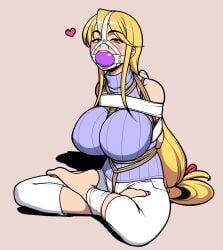 ball_gag blonde_hair bondage bondage_gear enjoying gag harness highschool_of_the_dead huge_breasts jam-orbital large_breasts marikawa_shizuka shizuka_marikawa tagme yellow_eyes