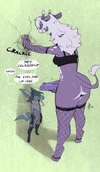 2025 adrianna_rafel anthro ass bay big_butt biped bottomless breasts clothed clothing dialogue duo eyewear fingers fishnet_clothing fishnet_legwear futanari genitals giraffe giraffid glasses hair hair_over_eye hi_res holding_penis intersex larger_futa larger_intersex legwear mammal penis purple_body size_difference speech_bubble stylusknight teeth text thick_thighs three-quarter_view trans_(lore) trans_woman_(lore) wall_(structure) wearing_glasses