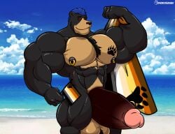 abs anthro balls bear bear_pride_colors big_balls big_muscles big_penis black_bear black_body black_fur blue_hair body_hair chest_tuft circumcised darkened_genitalia darkened_penis fluffy fluffy_chest fur genitals hair hairy_balls hi_res huge_cock huge_muscles hyper hyper_genitalia hyper_muscles hyper_penis lgbt_pride lgbt_pride_month male male/male mammal muscular nipple_piercing nipples nude penis piercing solo tuft unknownbear ursine xmonstadogx yellow_body yellow_fur