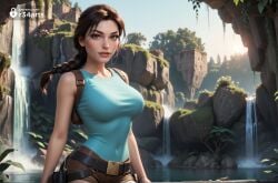 1girls ai_generated artist_name belt braid breasts brown_eyes brown_hair brown_shorts covered_navel day hi_res holster lara_croft lara_croft_(classic) large_breasts lips long_hair looking_at_viewer nose outdoors plant r34arts shirt short_shorts shorts single_braid sleeveless solo sunlight tank_top taut_clothes tomb_raider tomb_raider_(classic) water waterfall