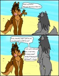 absurd_res anthro beach big_breasts black_border border breasts brown_body brown_fur brown_hair canid canine canis comic detailed_background duo english_text female flag fluffy fluffy_tail fur green_eyes grey_body grey_fur grey_hair grin hair hi_res male male/female mammal muscular muscular_male neck_tuft nipples nude nude_anthro nude_beach nude_female nude_male pink_nipples reena_dreamer regret sand sea sharp_teeth short_comic sign sitting size_difference smile speech_bubble standing tail teeth text thick_thighs tuft water wolf