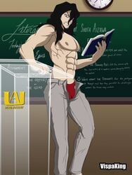 1boy angry_face black_hair classroom grey_pants male_nipples male_only muscular_male my_hero_academia panties red_boxers shouta_aizawa solo_male vispaking