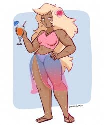 beach_wear beverage blonde_hair clothed clothing covered_breasts holding_drink jasper_(steven_universe) long_hair nonchalant sexy slim_thick steven_universe succucrazy tan_skin wide_hips