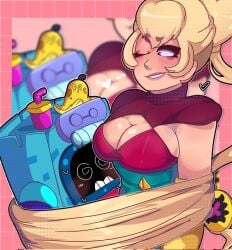 ame_momos ash_(brawl_stars) banana_peel big_breasts blush brawl_stars charlie_(brawl_stars) horny tangled_hair tangled_up trash trash_can wink yo-yo