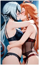 2girls ai_generated arlecchino_(genshin_impact) genshin_impact girl_on_girl lesbian_couple lesbian_domination lesbian_focus lesbian_kiss lesbian_sex lingerie mavuika_(genshin_impact) yuri yuri yuri