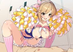 1boy 1girls aiba_yumi blush bra bra_lift breasts breasts_out brown_eyes brown_hair censored cheerleader clothed_sex collarbone cowgirl_position crop_top female hair_ribbon happy_sex heart heart_censor holding holding_pom_poms idolmaster idolmaster_cinderella_girls interracial kneehighs light-skinned_female light-skinned_male light_skin midriff mizuki_makoto nipples no_bra no_panties open_mouth penis pink_legwear pleated_skirt pom_pom_(cheerleading) pussy ribbon sex shirt short_hair skirt sleeveless sleeveless_shirt smile solo_focus spread_legs squatting_cowgirl_position straddling straight sweat underwear vaginal_penetration