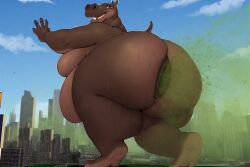ai_generated anthro anus back_view bbw big_breasts dreamworks fart fart_cloud fart_fetish farting giantess gloria_the_hippopotamus huge_ass madagascar_(series) perchance_ai round_belly ssbbw