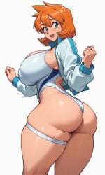 1girl ai_generated aqua_eyes ass back_cutout bangs blue_eyes blue_jacket blush breasts busty clenched_hands clothing clothing_cutout competition_swimsuit curvaceous female female_only from_behind green_eyes hair_between_eyes hands_up highleg highleg_swimsuit huge_ass huge_breasts jacket kasumi_(pokemon) large_ass large_breasts long_sleeves looking_at_viewer looking_back misty_(pokemon_hgss) multicolored multicolored_clothes multicolored_swimsuit one-piece_swimsuit one-piece_thong open-mouth_smile open_clothes open_jacket open_mouth orange_hair pokemon shiny_skin short_hair sideboob skindentation smile solo sportswear standing swimsuit tank_suit teeth thick_ass thick_thighs thigh_strap thighs thong track_jacket twisted_torso two-tone_swimsuit upper_teeth upper_teeth_only white_jacket white_one-piece_swimsuit white_swimsuit wide_hips