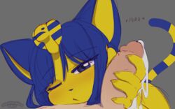 16:10 after_handjob animal_crossing ankha anthro blue_eyes blue_hair bodily_fluids claws cum cum_on_hand domestic_cat duo egyptian felid feline felis female fur furry genital_fluids grey_background hair handjob hi_res human human_on_anthro interspecies light-skinned_male male male/female mammal marshmallow-ears narrowed_eyes nintendo one_eye_closed penile purring sex simple_background sketch tail tired video_games widescreen yellow_body yellow_fur