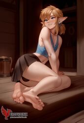 1boy 2d ai_generated ass barefeet big_ass crossdressing crossdressing_male erection erection_under_clothes erophoenix feet full_body link looking_at_viewer looking_back male male_focus navel nude otoko_no_ko pale_skinned_male patreon_username pointy_ears skirt smile soles solo solo_male sweat the_legend_of_zelda thick thick_thighs toes uncensored