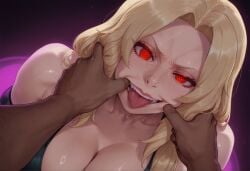 1boy 1girls ai_generated big_breasts blonde_hair breasts dark-skinned_male dark_skin female huge_breasts interracial large_breasts light-skinned_female light_skin male mouth_pull naruto naruto_(series) naruto_shippuden open_mouth pov pov_eye_contact pov_hands pov_male pull_out pulling pulling_mouth pulling_out red_eyes spiral_eyes stretching tongue tongue_out tsunade