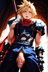 1boy ai_generated blonde_hair blue_eyes cloud_strife final_fantasy final_fantasy_vii muscular penis white_skin