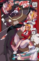 1boy 1girls alucard_(hellsing) big_breasts big_penis black_hair blonde_hair blue_eyes breasts clothed clothing color comic comic_page english_text female fred_perry hat hellsing hellsing_ultimate hi_res imminent_anal integra_hellsing large_breasts light-skinned_female light_skin long_hair male male/female nipple_bulge page_2 penis penis_on_pussy pussy red_eyes sniffing tagme text text_bubble thick_thighs vampire