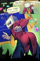 1boy ass ass_focus clothed comic deltarune deltarune_chapter_3 english_text indoors male male_only no_sex open_mouth sharp_teeth smiling stage surprised tagme tenna_(deltarune) text text_bubble tv_head